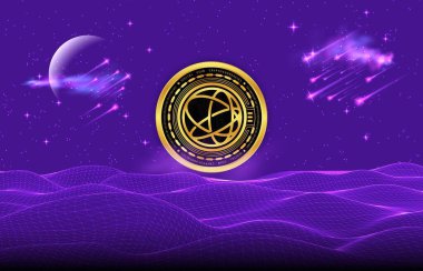 Dijital arkaplanda Celestia-tia şifreli para birimi logoları var. 3d illüstrasyon.