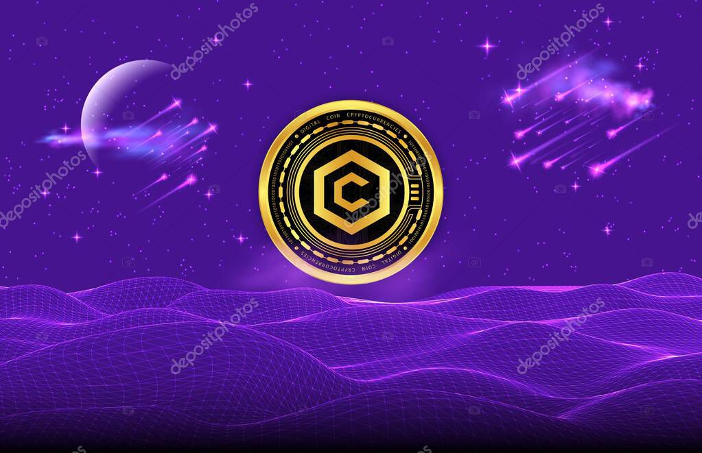 Cronos-cro cryptocurrency logos on digital background. 3d illustrations.