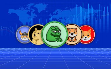 Dijital arkaplanda çeşitli memecoin logoları var. 3d illüstrasyon.