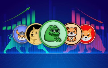 Dijital arkaplanda çeşitli memecoin logoları var. 3d illüstrasyon.