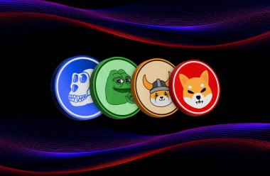 Dijital arkaplanda çeşitli memecoin logoları var. 3d illüstrasyon.