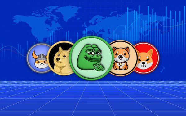 Различные логотипы memecoin на цифровом фоне. 3d иллюстрации.
