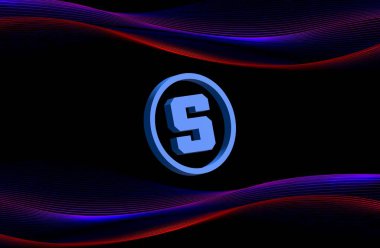  Soyut arka planda kum havuzu ve sanal para birimi logosu. 3d illüstrasyon.