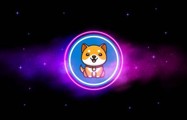 Bebek Doge dijital arka planda şifreli para birimi logoları. 3d illüstrasyon.