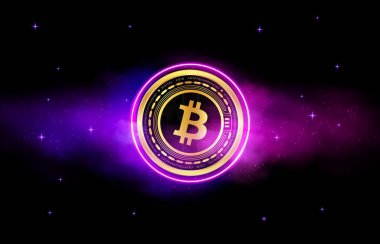 Dijital arkaplandaki bitcoin-btc logosunun görüntüleri. 3d illüstrasyon.