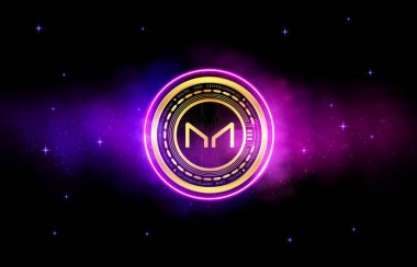 Dijital arka planda sanal para üreticisi-mkr madeni parasının bir görüntüsü. 3d illüstrasyon.