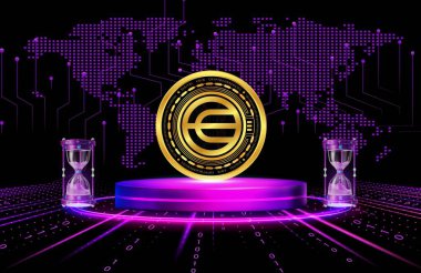 Dijital arka planda dünya para ve kripto para birimi logoları. 3d illüstrasyon.