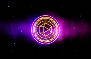 Dijital arkaplanda polihedra-zkj şifreli para birimi logoları. 3d illüstrasyon.