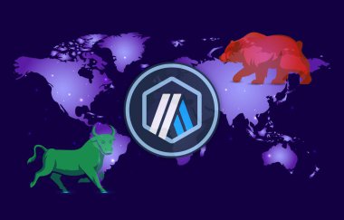 Arbitrum-yay sanal para biriminin dijital arkaplandaki görüntüsü. 3d illüstrasyon.