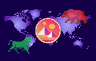 Dijital arkaplanda Decetraland-mana sanal para birimi resmi. 3B çizimler.