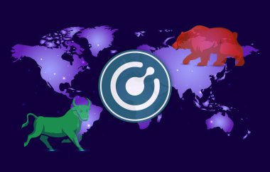 Dijital arkaplanda komodo-kmd şifreli para birimi resimleri. 3d illüstrasyon.