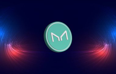 Dijital arka planda sanal para üreticisi-mkr madeni parasının bir görüntüsü. 3d illüstrasyon.