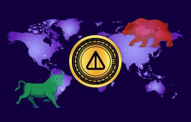 Soyut arkaplanda para değil kripto para birimi logosu çizimleri var. 3d illüstrasyon.