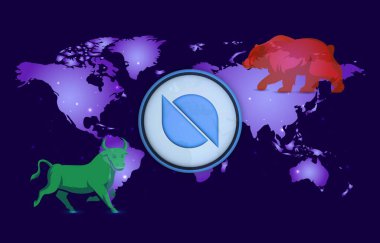Dijital arkaplanda ontoloji-ont sanal para birimi görüntüleri. 3d illüstrasyon.