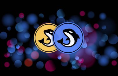 Dijital arkaplanda orka kripto para birimi resimleri. 3d illüstrasyon.