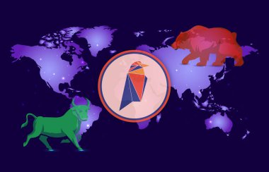 Ravencoin-Rvn dijital arkaplanda şifreli para birimi görüntüleri. 3d illüstrasyon.