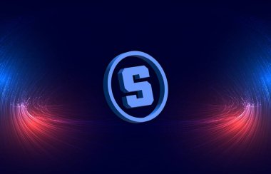  Soyut arka planda kum havuzu ve sanal para birimi logosu. 3d illüstrasyon.
