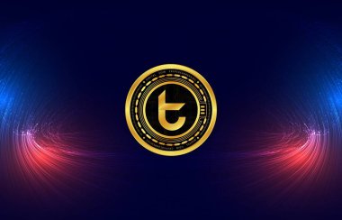 Bir tomochain-tomo sanal para biriminin dijital arkaplan resmi. 3d çizimler.