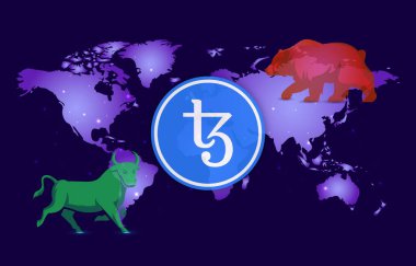 Teos-xtz dijital arkaplanda sanal para birimi görüntüsü. 3d illüstrasyon.