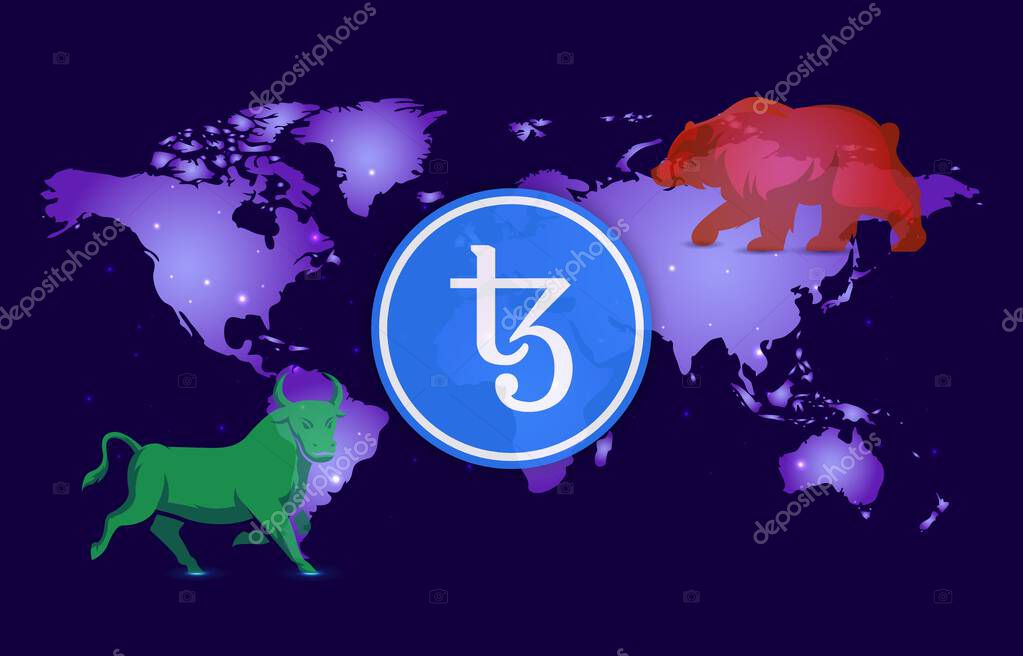 Tezos-xtz virtual currency image in the digital background. 3d illustrations.