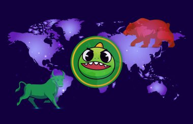 Dijital arkaplanda Yoshi kripto para birimi logoları. 3d illüstrasyon.