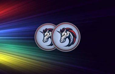 5 cm 'lik ağ ve dijital arkaplanda bozuk para logosu görüntüsü. 3d illüstrasyon.