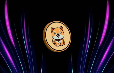 Bebek Doge dijital arka planda şifreli para birimi logoları. 3d illüstrasyon.