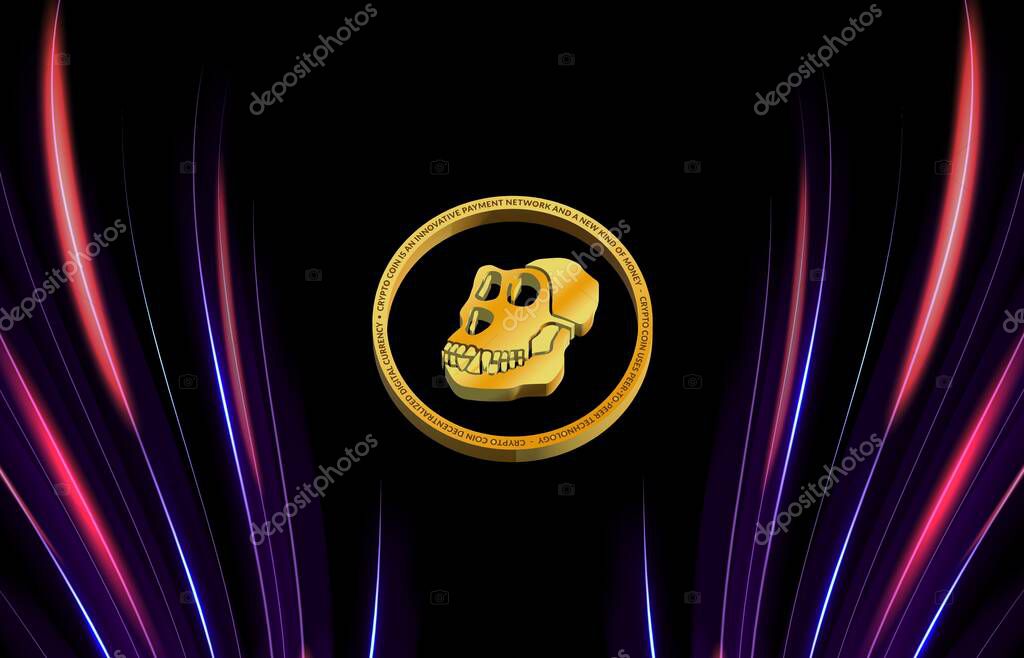 Image of apecoin virtual currency on a digital background. 3d illustration.
