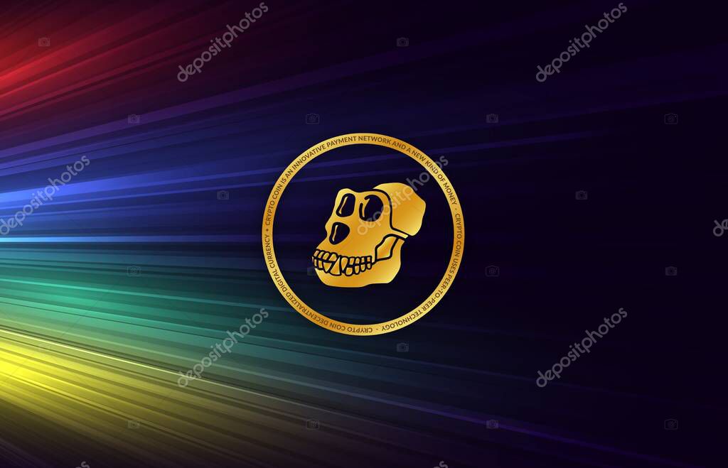 Image of apecoin virtual currency on a digital background. 3d illustration.