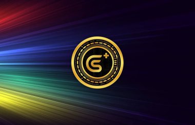 Dijital arka planda GoPlus Güvenlik GPS sanal para birimi görüntüsü. 3B çizimler.