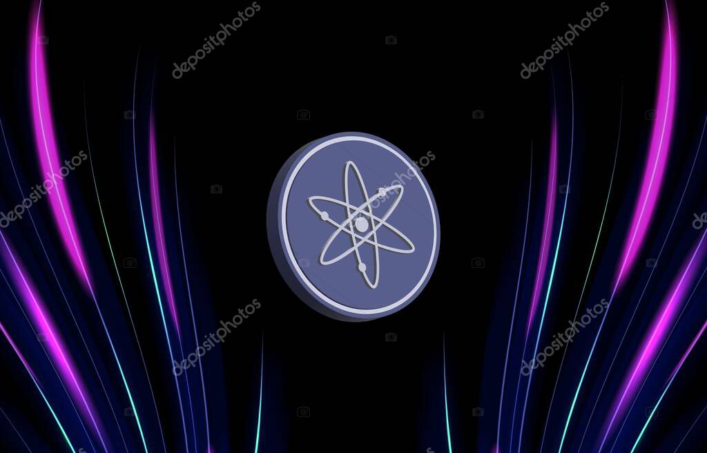 Images of cosmos-atom cryptocurrency on digital background. 3d illustrations.
