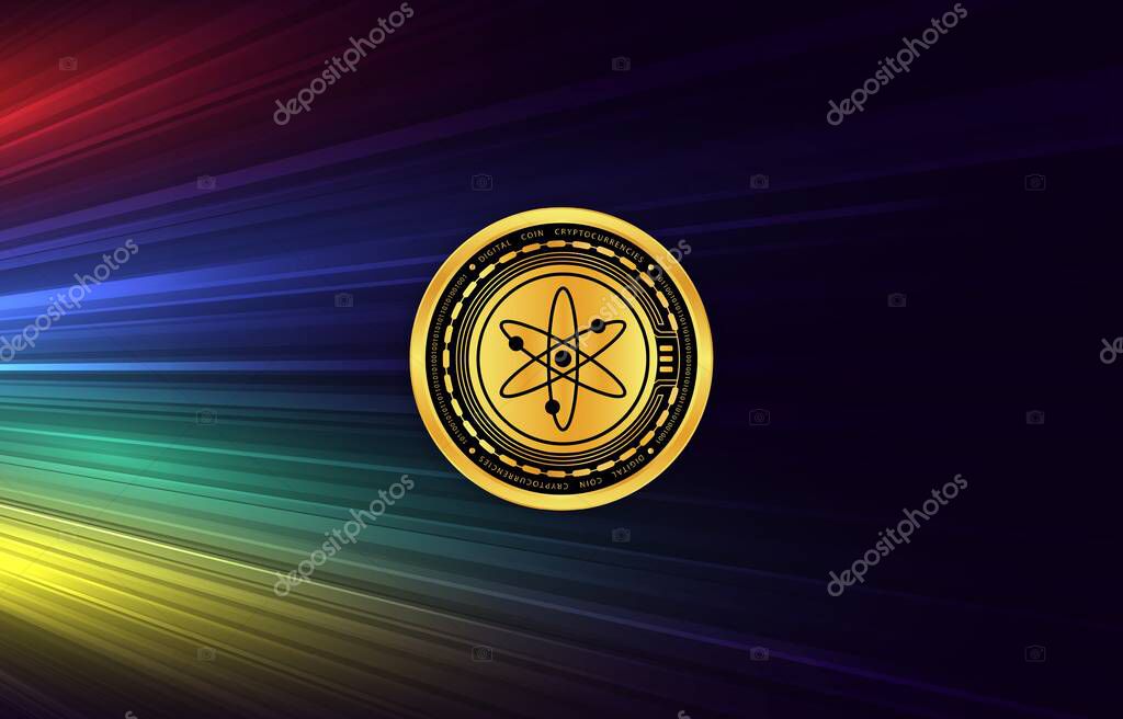 Images of cosmos-atom cryptocurrency on digital background. 3d illustrations.