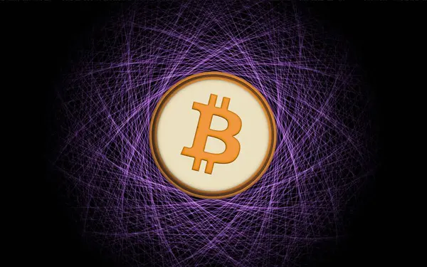 Dijital arkaplandaki bitcoin-btc logosunun görüntüleri. 3d illüstrasyon.