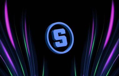  Soyut arka planda kum havuzu ve sanal para birimi logosu. 3d illüstrasyon.