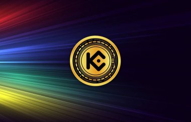 dijital arkaplanda kucoin-kcs şifreli para birimi resimleri. 3d illüstrasyon.