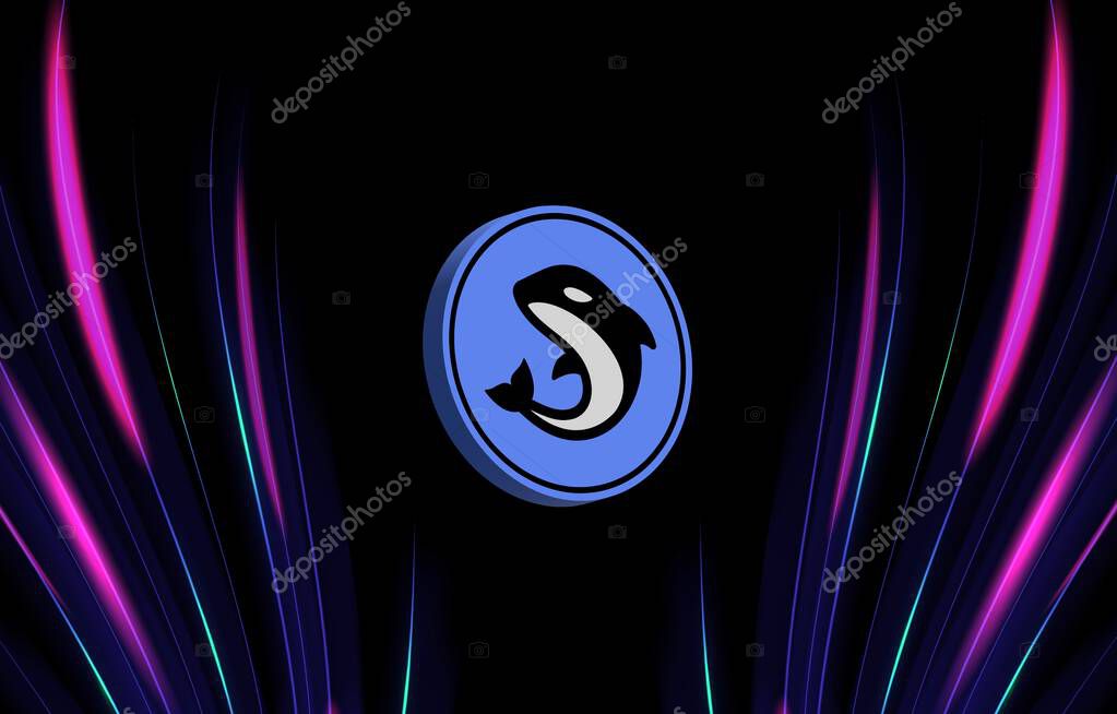 Orca cryptocurrency images on digital background. 3d illustrations.