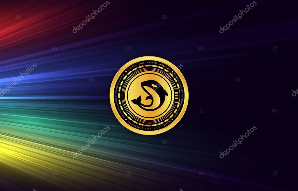 Orca cryptocurrency images on digital background. 3d illustrations.