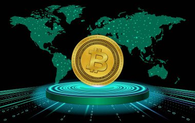 Dijital arkaplandaki bitcoin-btc logosunun görüntüleri. 3d illüstrasyon.