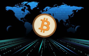 Dijital arkaplandaki bitcoin-btc logosunun görüntüleri. 3d illüstrasyon.
