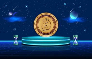 Dijital arkaplandaki bitcoin-btc logosunun görüntüleri. 3d illüstrasyon.