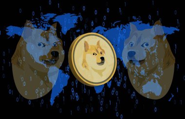 Dijital arkaplanda dogecoin-dog kripto para biriminin görüntüleri. 3d illüstrasyon.