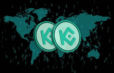 dijital arkaplanda kucoin-kcs şifreli para birimi resimleri. 3d illüstrasyon.