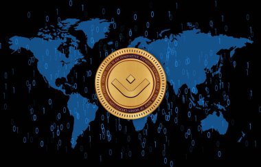 Dijital arkaplanda mantra-om kripto para birimi logoları. 3d illüstrasyon.
