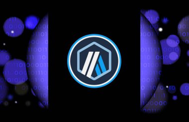 Arbitrum-yay sanal para biriminin dijital arkaplandaki görüntüsü. 3d illüstrasyon.