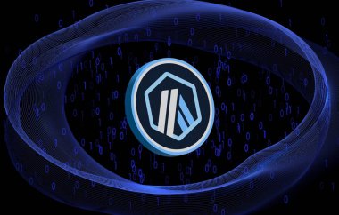 Arbitrum-yay sanal para biriminin dijital arkaplandaki görüntüsü. 3d illüstrasyon.