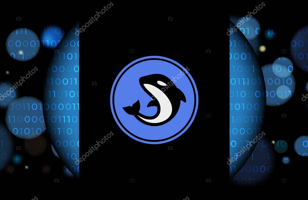 Orca cryptocurrency images on digital background. 3d illustrations.