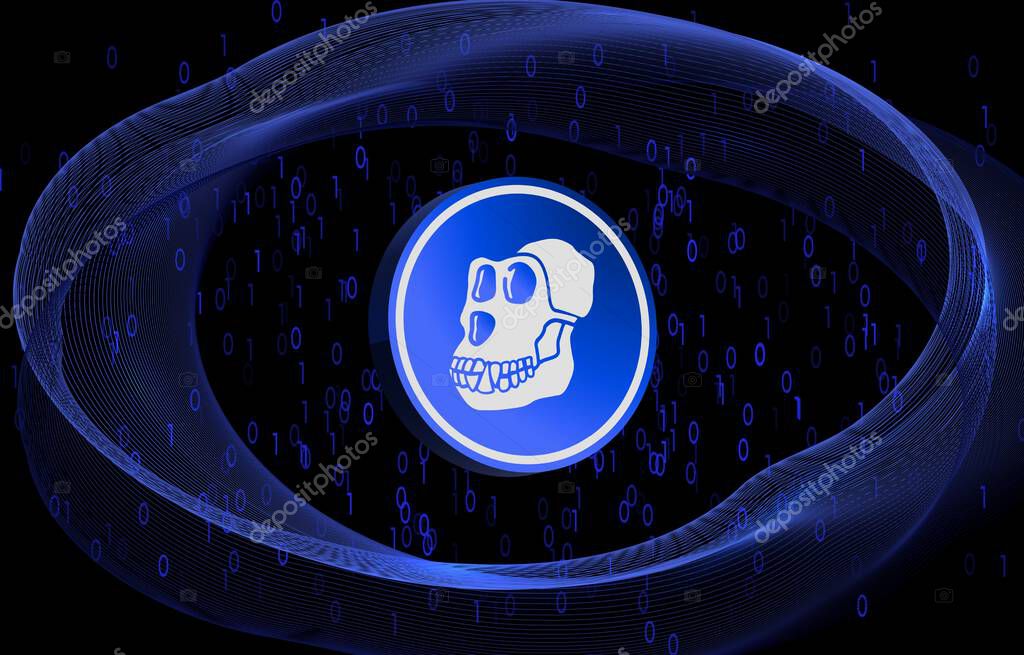 Image of apecoin virtual currency on a digital background. 3d illustration.