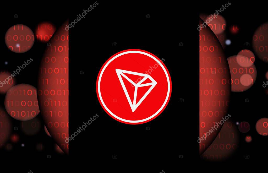 Images of tron-trx cryptocurrency on digital background. 3d illustrations.