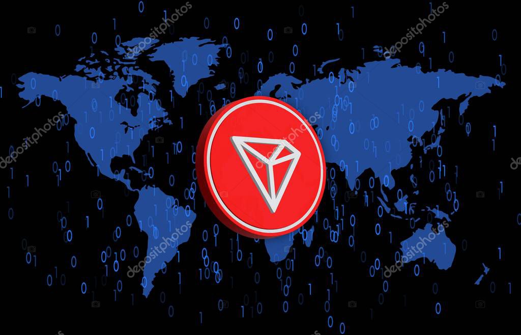 Images of tron-trx cryptocurrency on digital background. 3d illustrations.