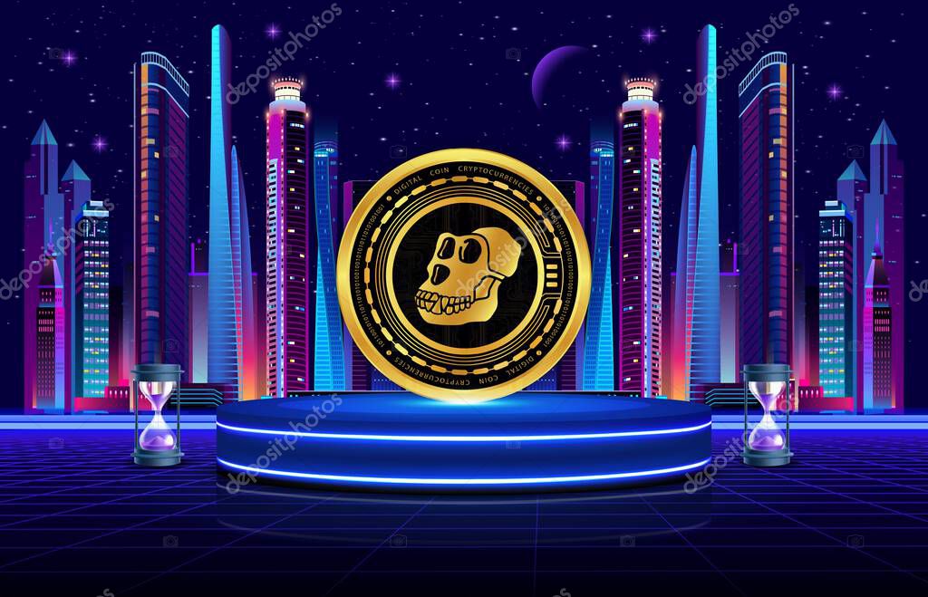 Image of apecoin virtual currency on a digital background. 3d illustration.